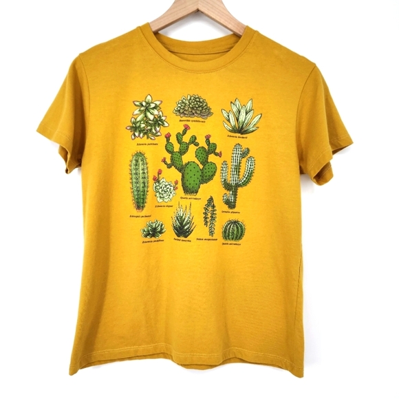 Fifth Sun Womens Cactus T-Shirt S Mustard Yellow Plant Print Earthy Goblincore - Picture 1 of 5